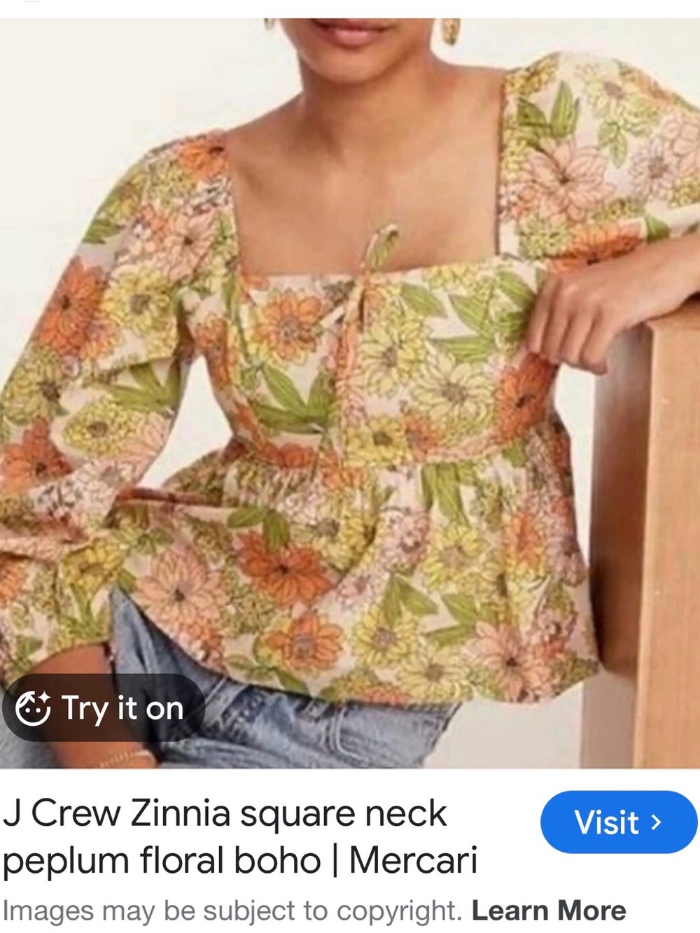J. Crew Floral Square-Neck Peplum Blouse in Orange, Green & Cream
